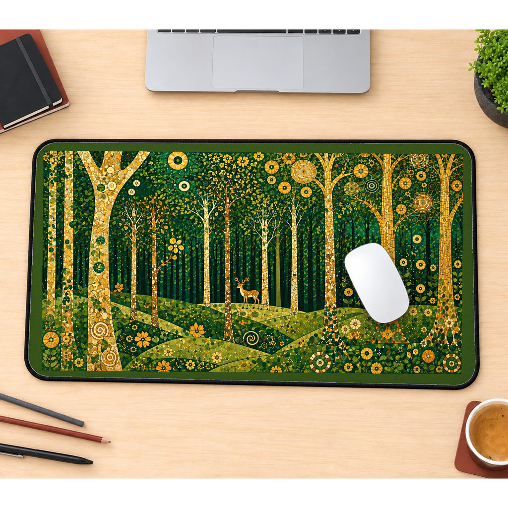 Golden Trees in a Magical Forest desk mat — product mockup 1