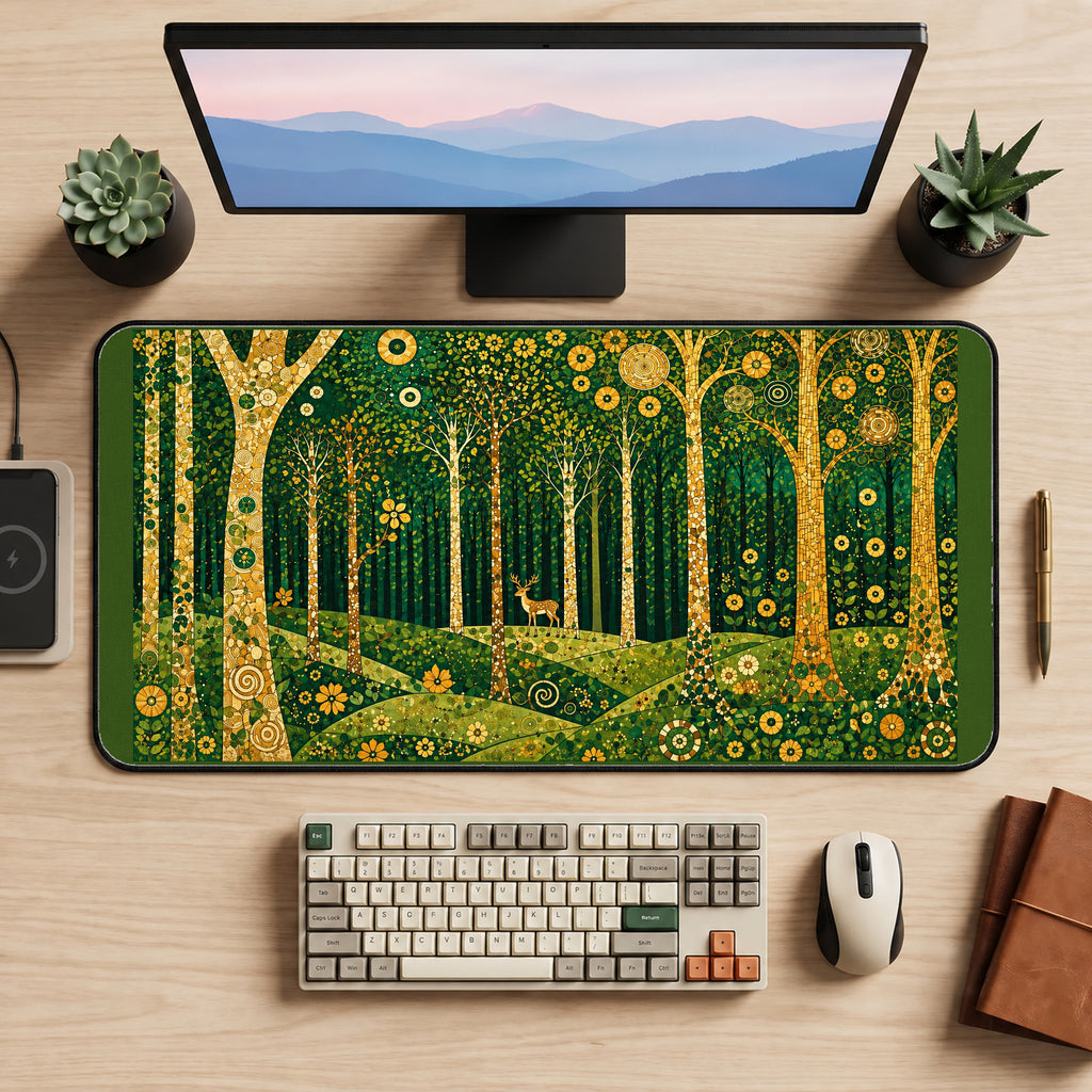 Golden Trees in a Magical Forest desk mat — product mockup 2