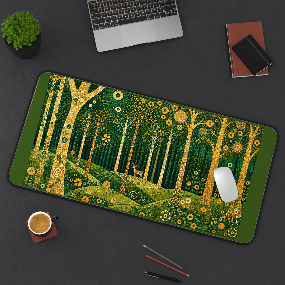 Golden Trees in a Magical Forest desk mat — product mockup 3