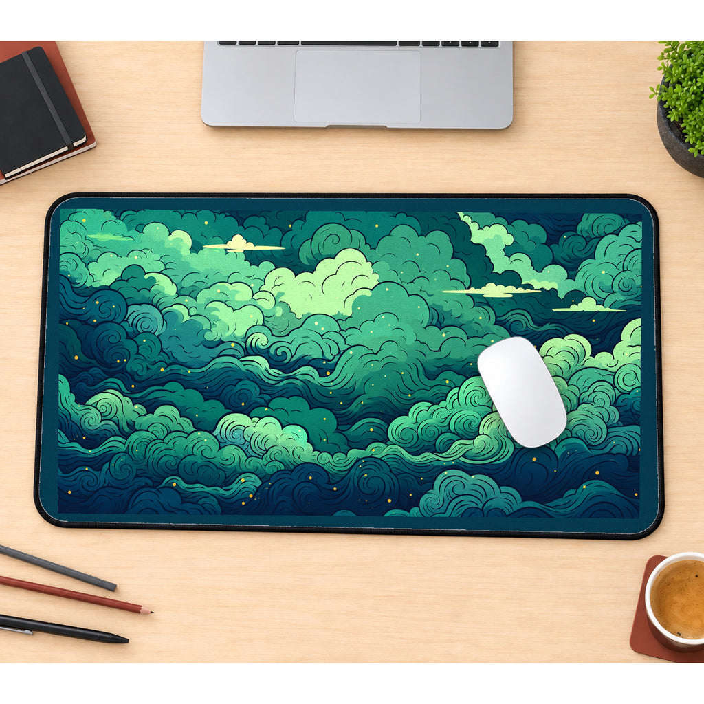 Green Curled Cloud Banks desk mat — product mockup 1