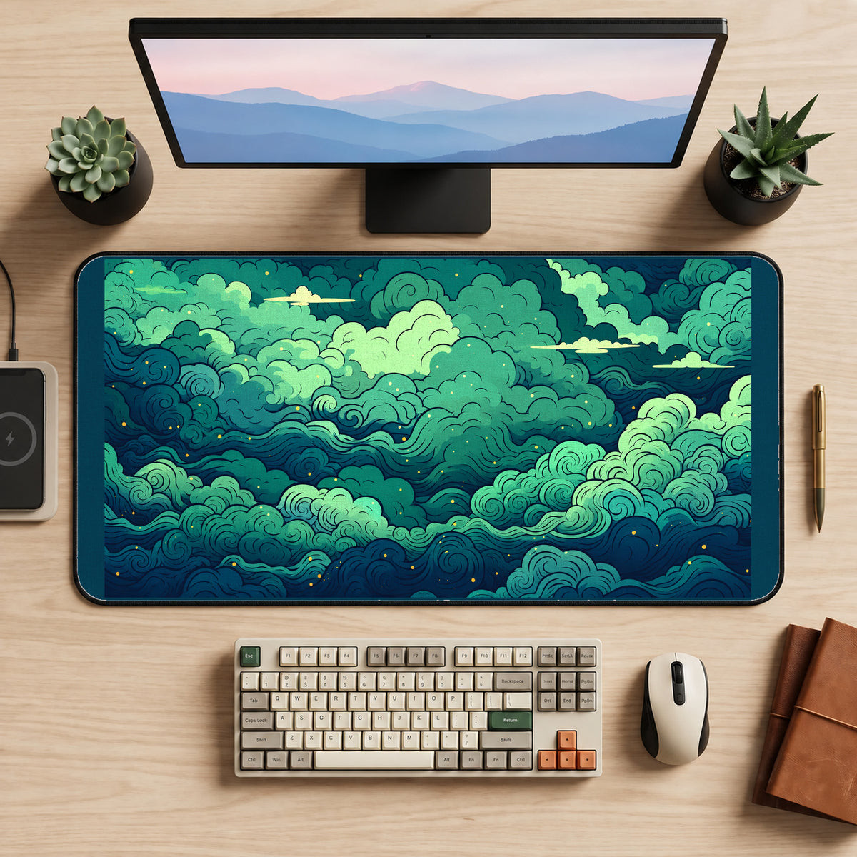 Green Curled Cloud Banks desk mat — product mockup 2
