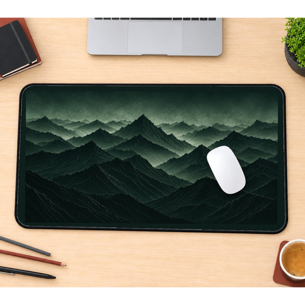 Layered Forest Green Mountain Peaks desk mat — product mockup 1