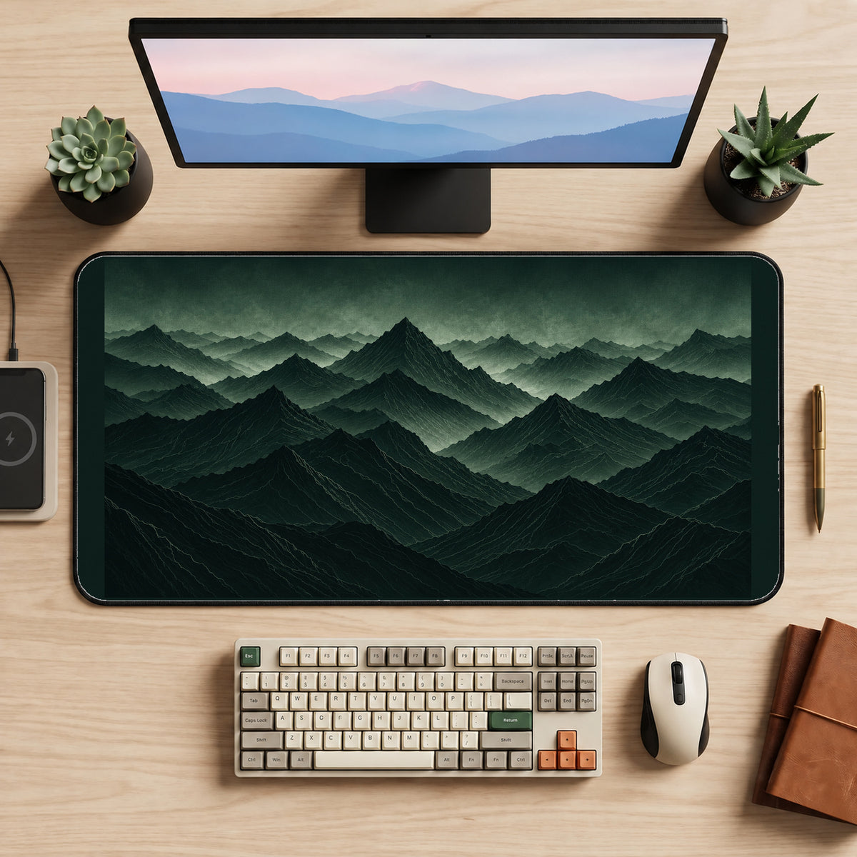 Layered Forest Green Mountain Peaks desk mat — product mockup 2
