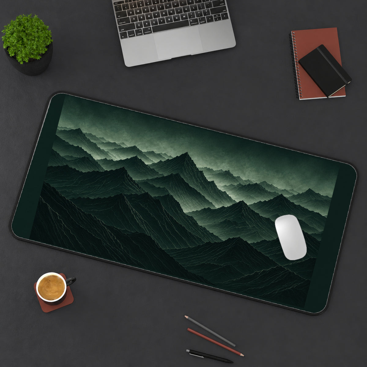 Layered Forest Green Mountain Peaks desk mat — product mockup 3