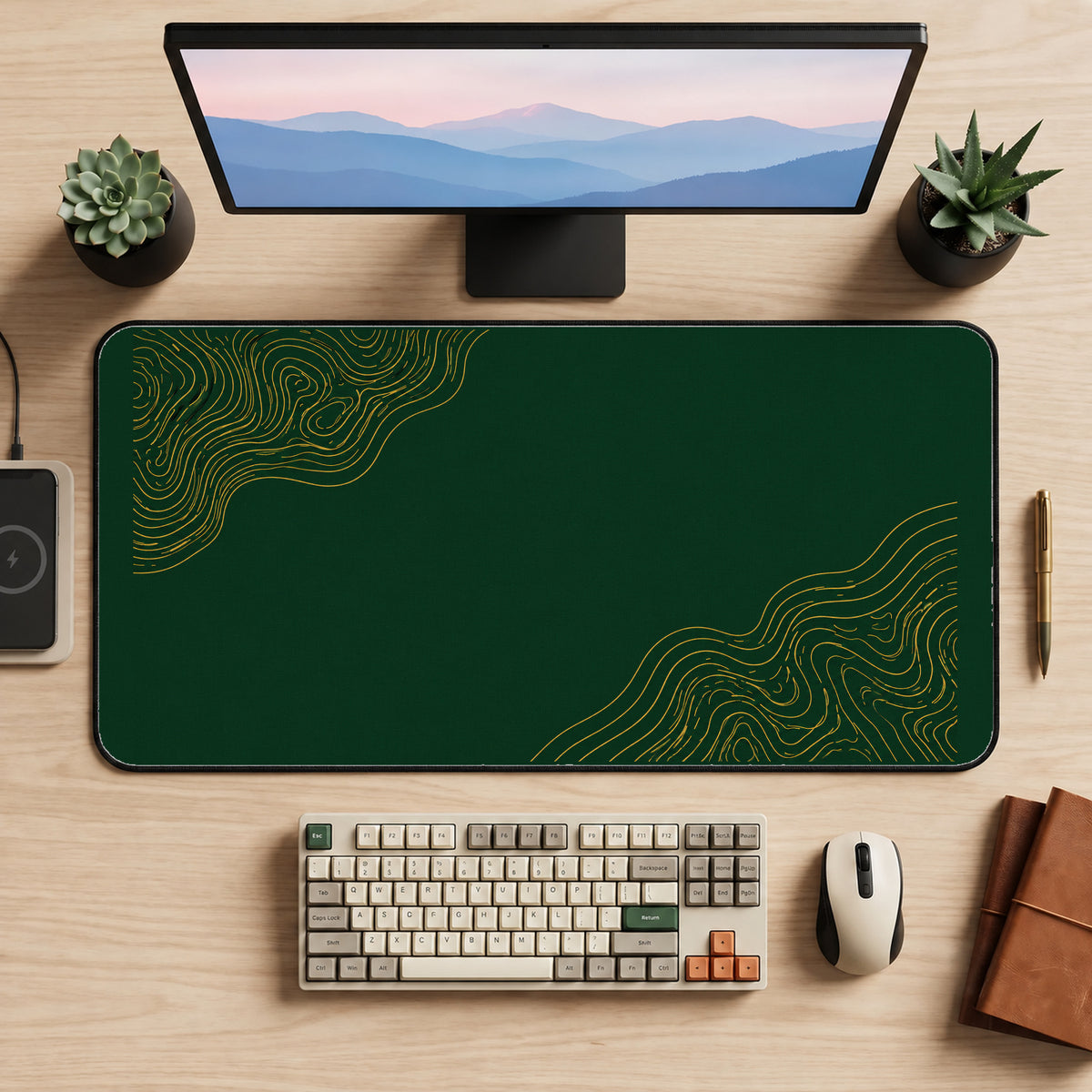 Green Field with Golden Contours desk mat — product mockup 2