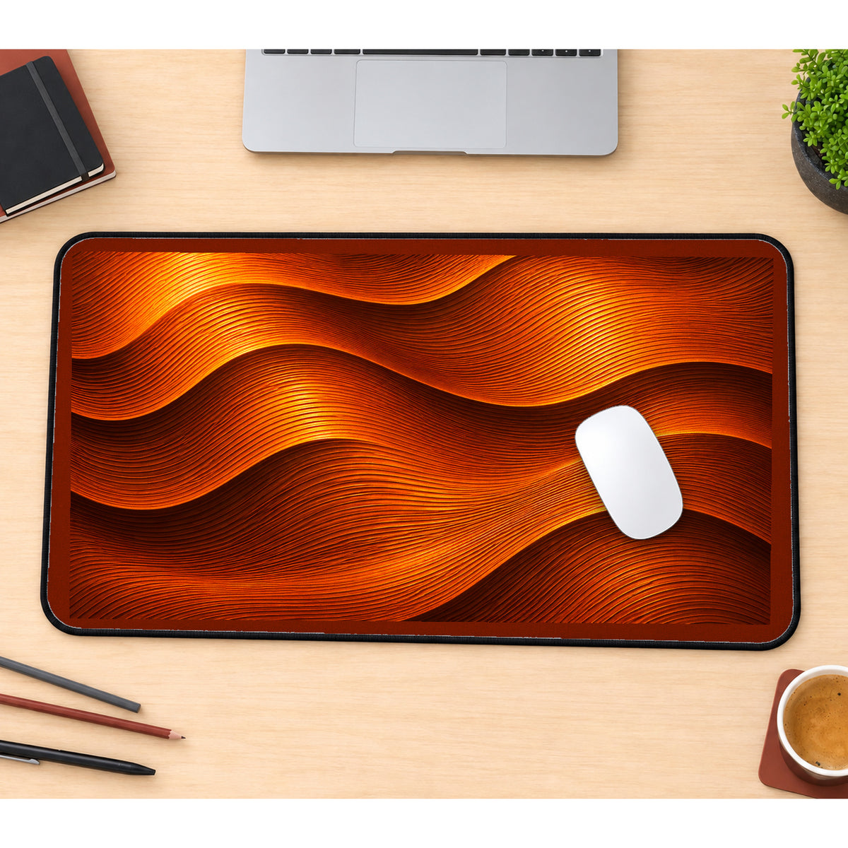 Orange Flowing Contour Waves desk mat — product mockup 1