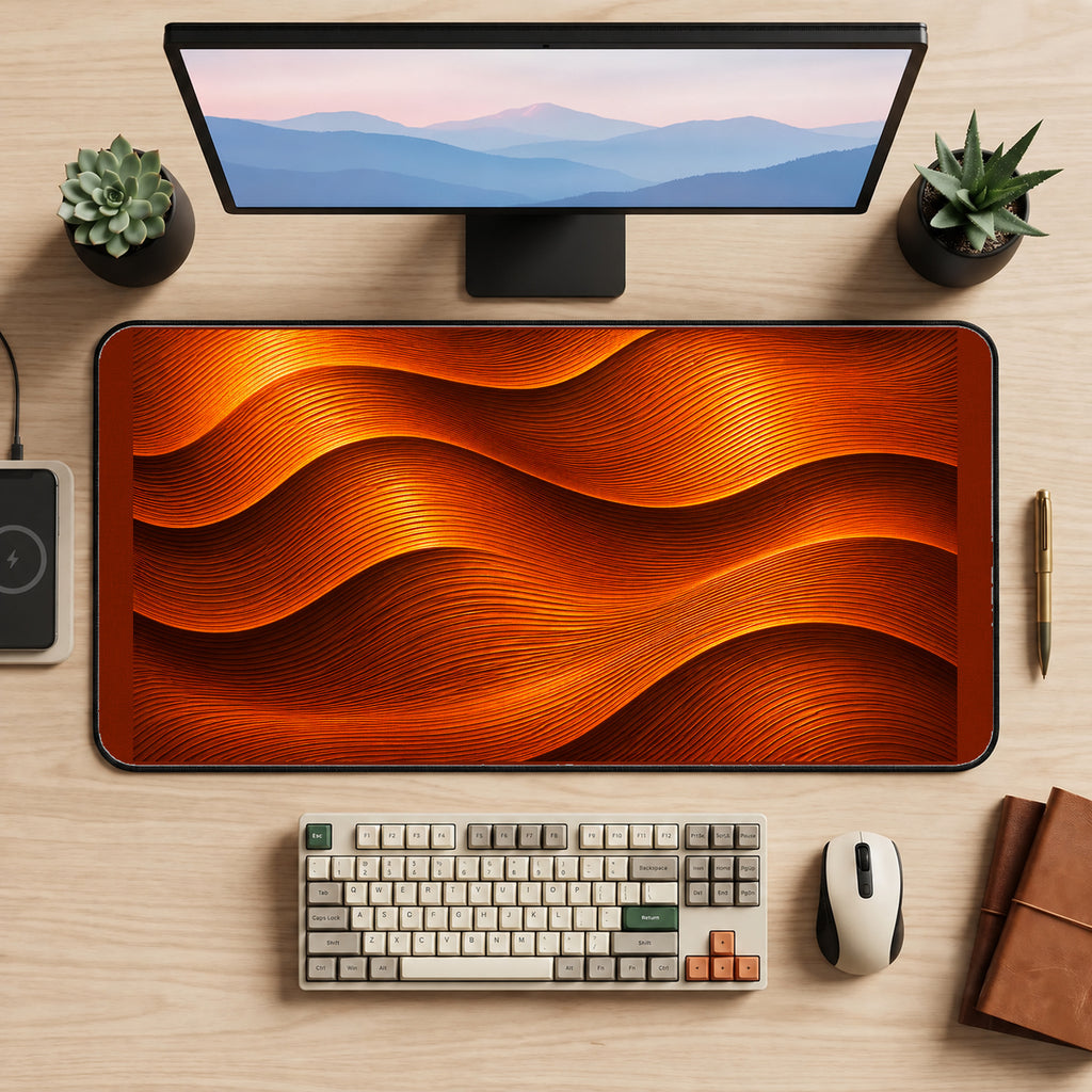 Orange Flowing Contour Waves desk mat — product mockup 2