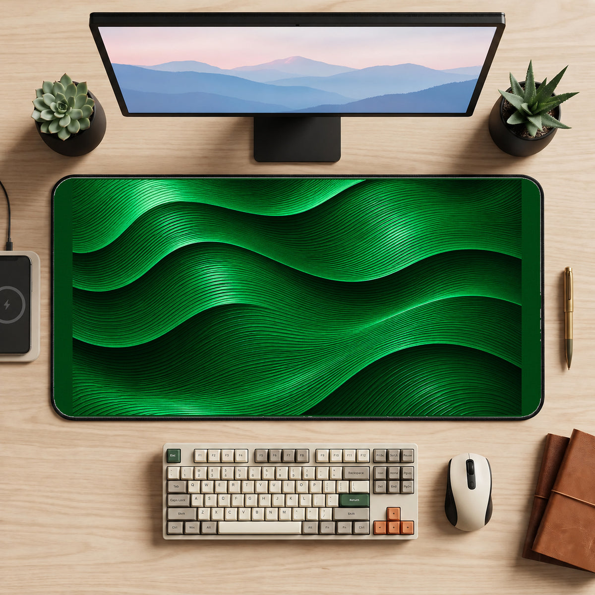 Green Flowing Contour Waves desk mat — product mockup 2