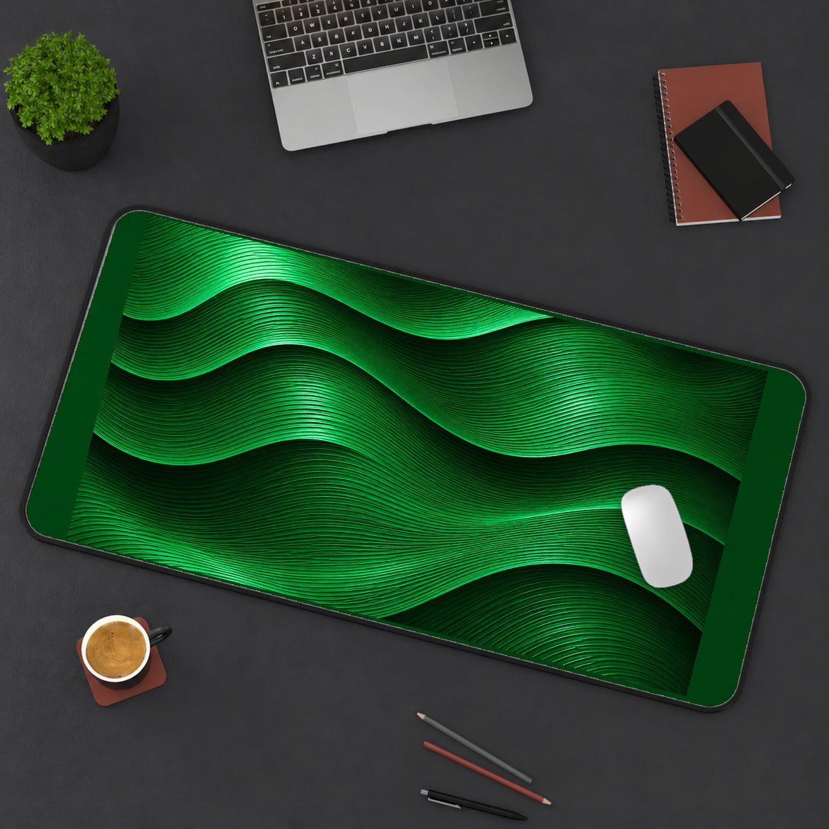 Green Flowing Contour Waves desk mat — product mockup 3