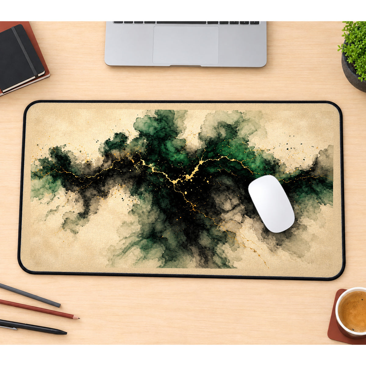 Emerald Ink Clouds with Gold Veins desk mat — product mockup 1