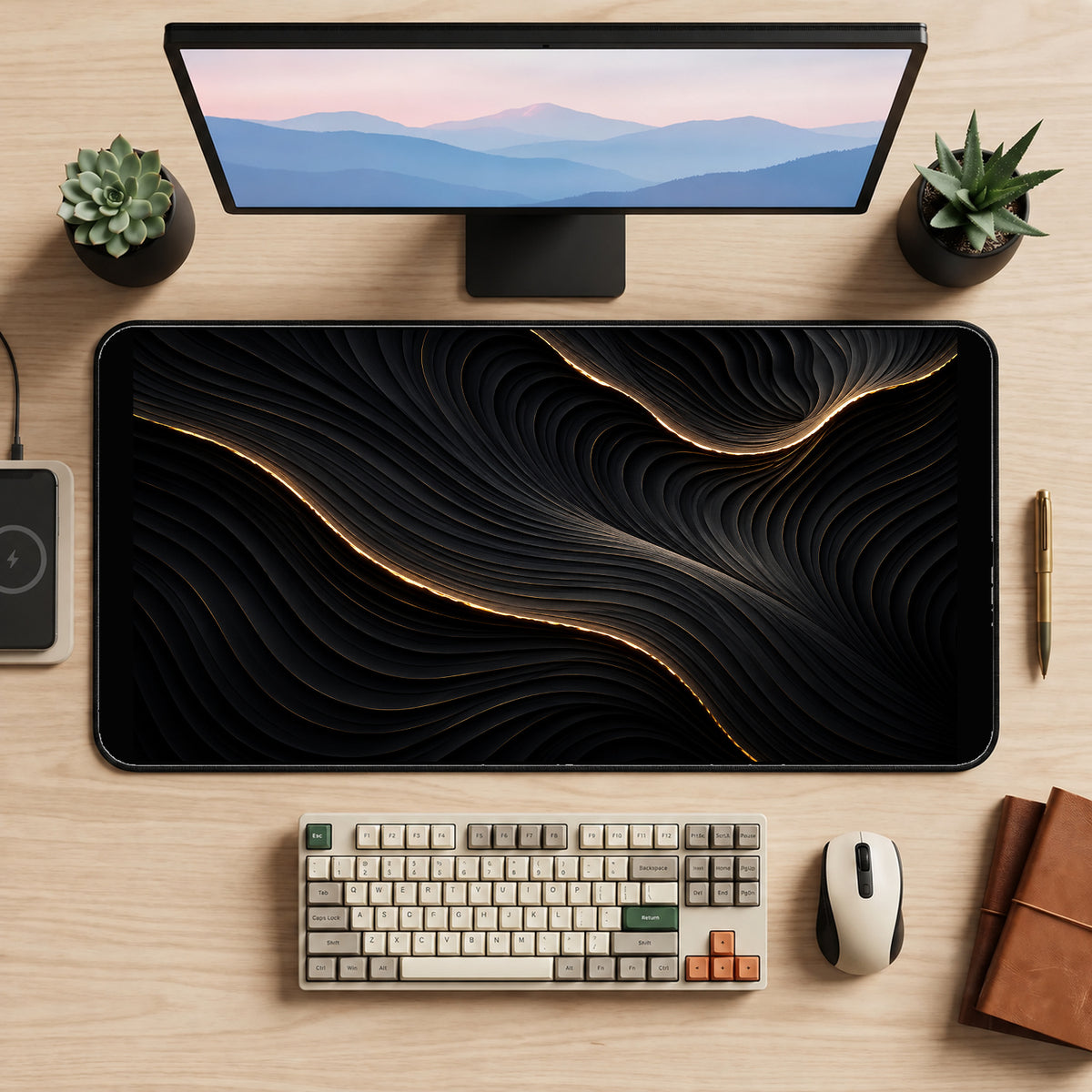 Black Ridges with Golden Highlights desk mat — product mockup 2