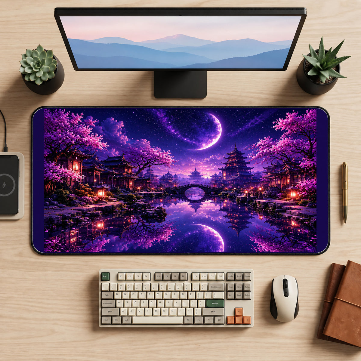Purple Moon over Sakura Gardens desk mat — product mockup 2
