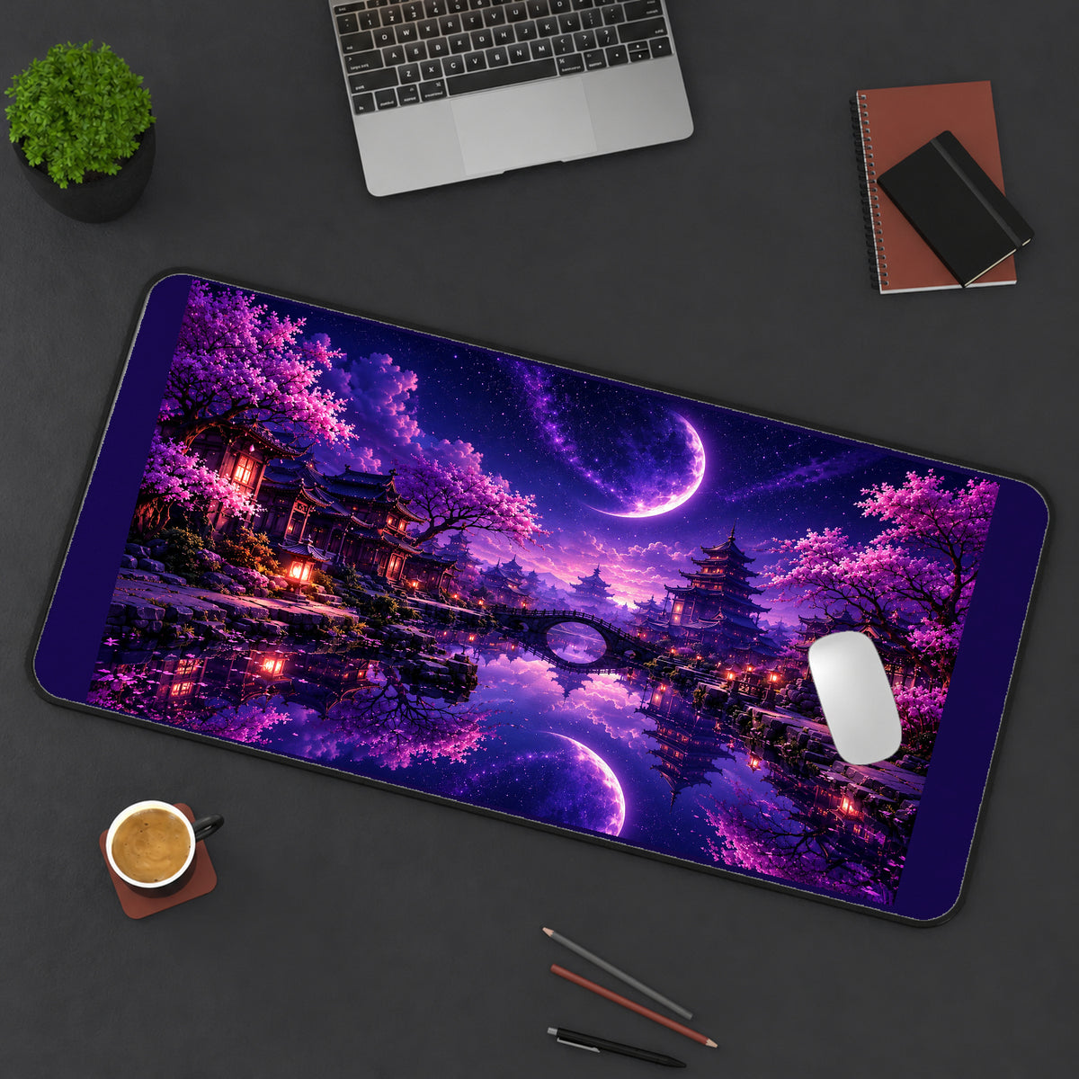 Purple Moon over Sakura Gardens desk mat — product mockup 3