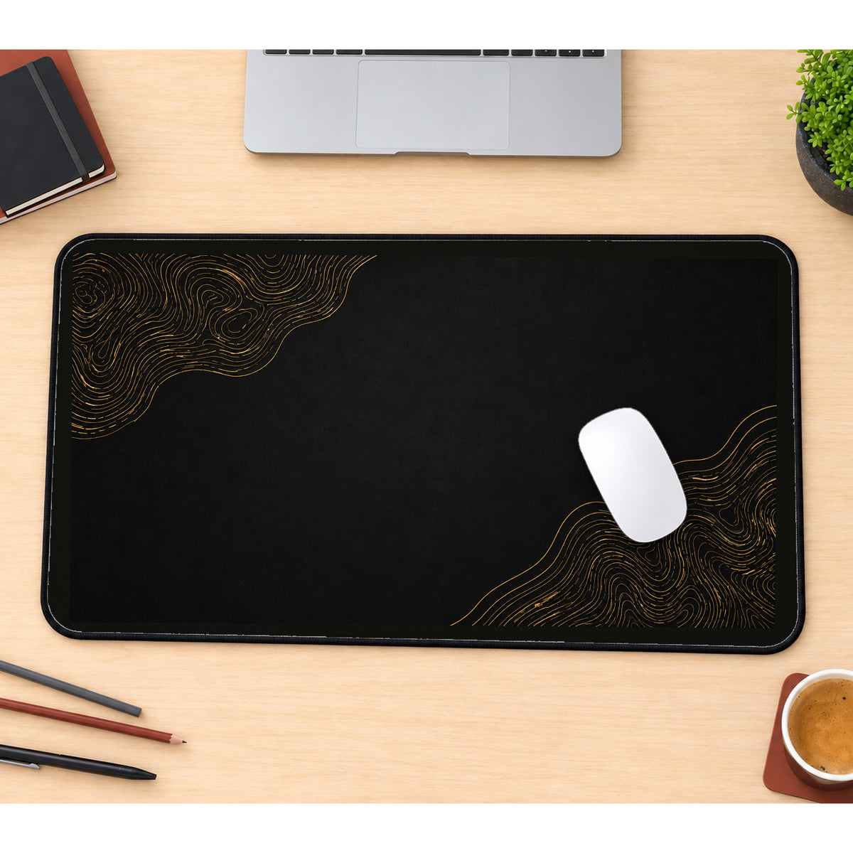 Black Field with Golden Contours desk mat — product mockup 1