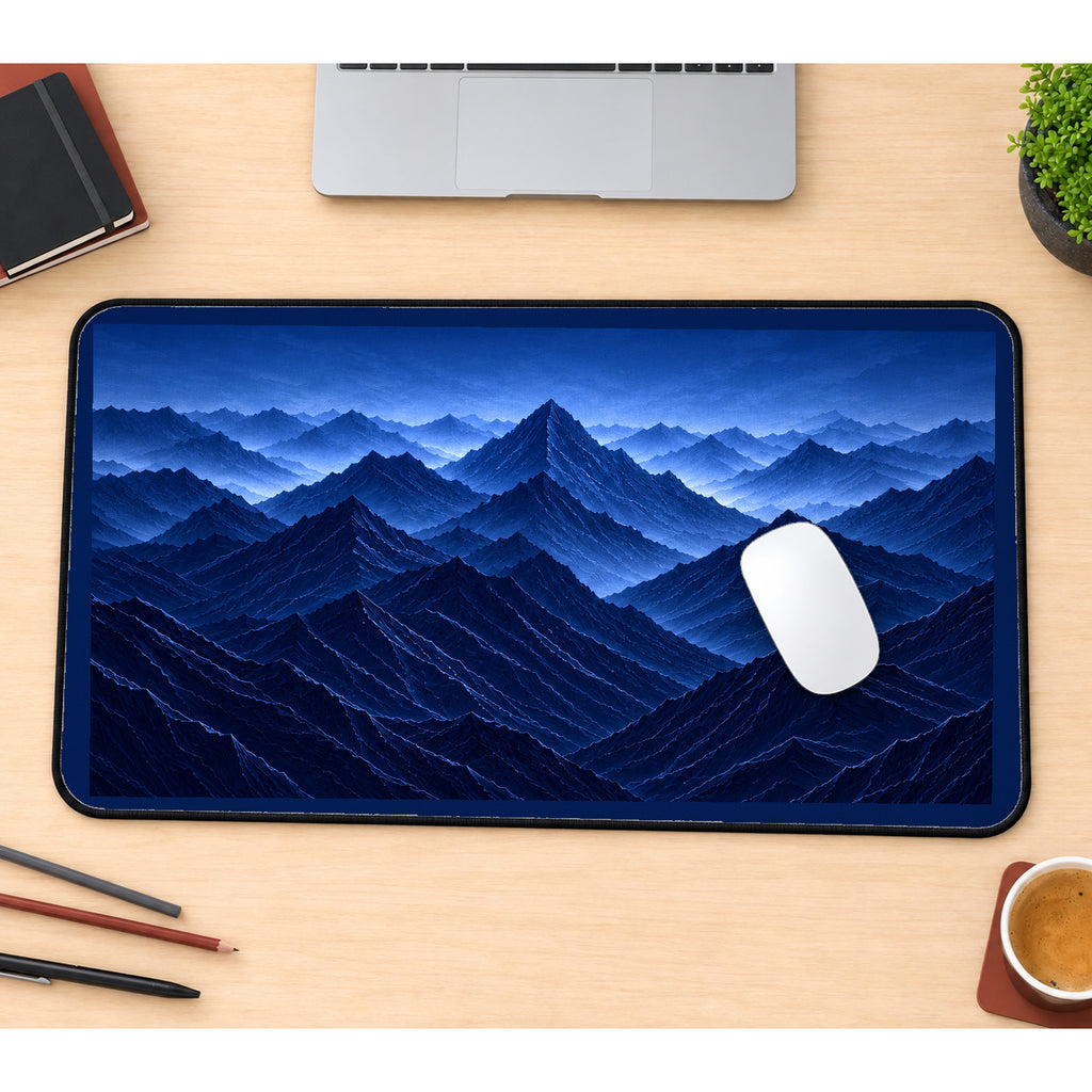 Layered Cobalt Mountain Peaks desk mat — product mockup 1