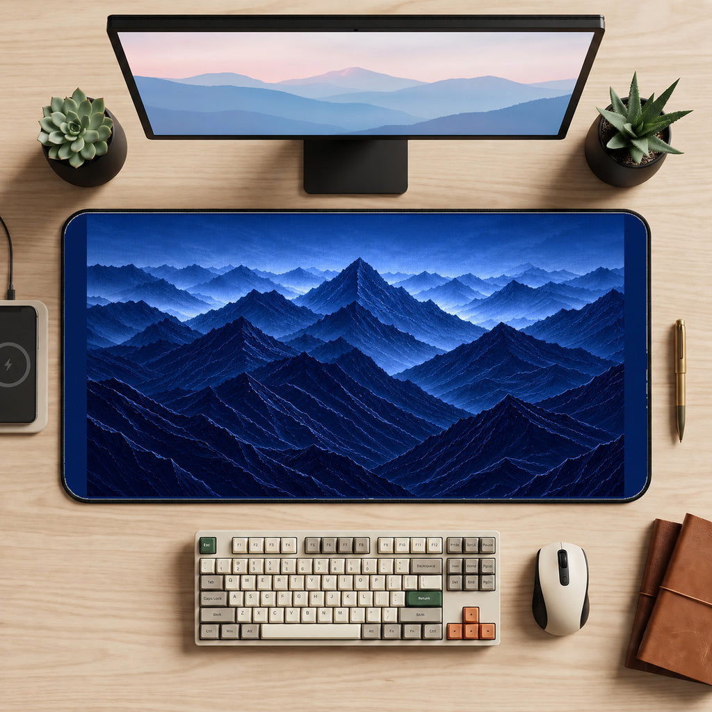 Layered Cobalt Mountain Peaks desk mat — product mockup 2