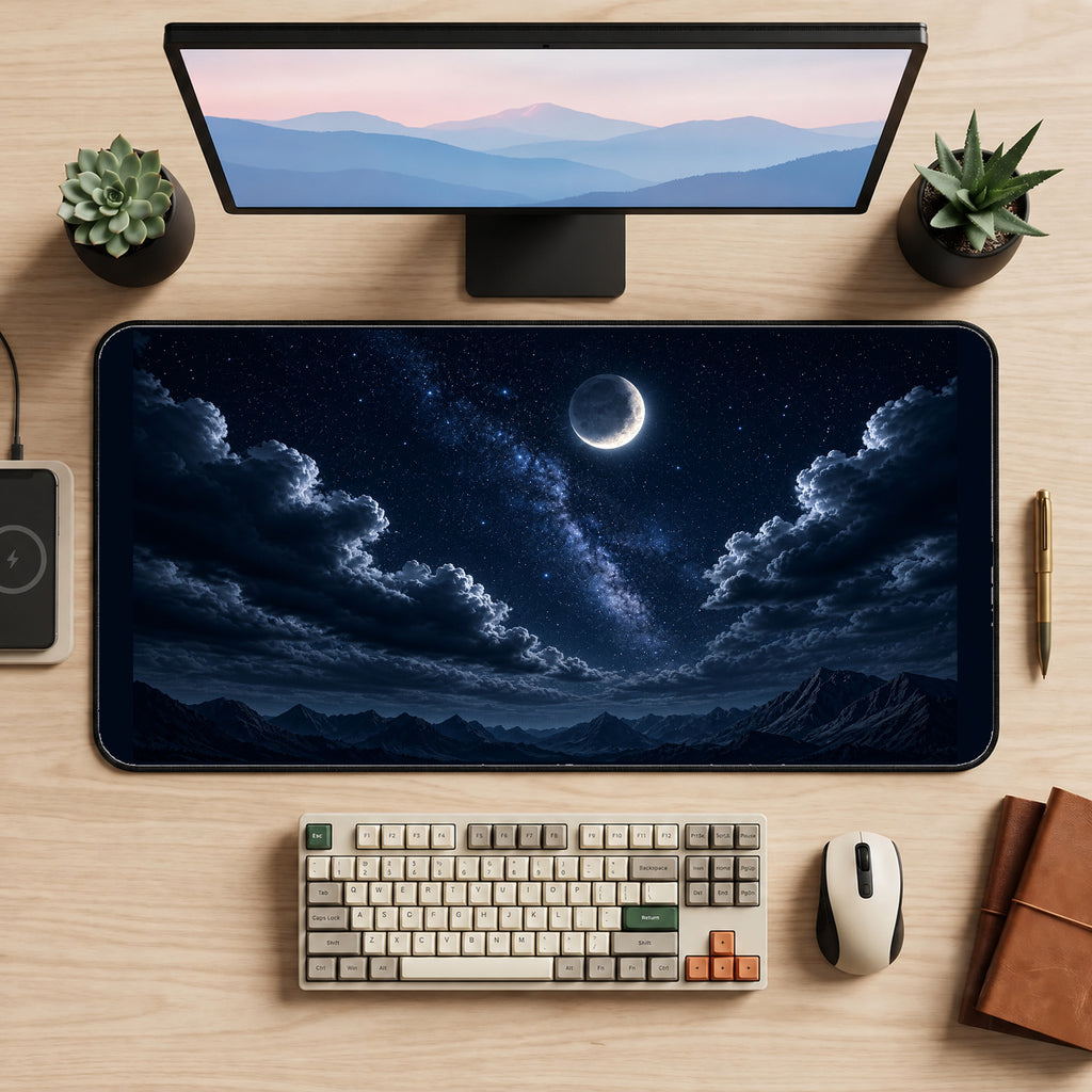 Crescent Moon over Dark Mountains desk mat — product mockup 2