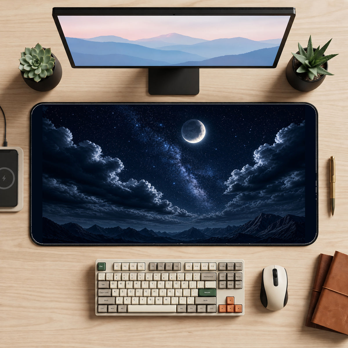 Crescent Moon over Dark Mountains desk mat — product mockup 2