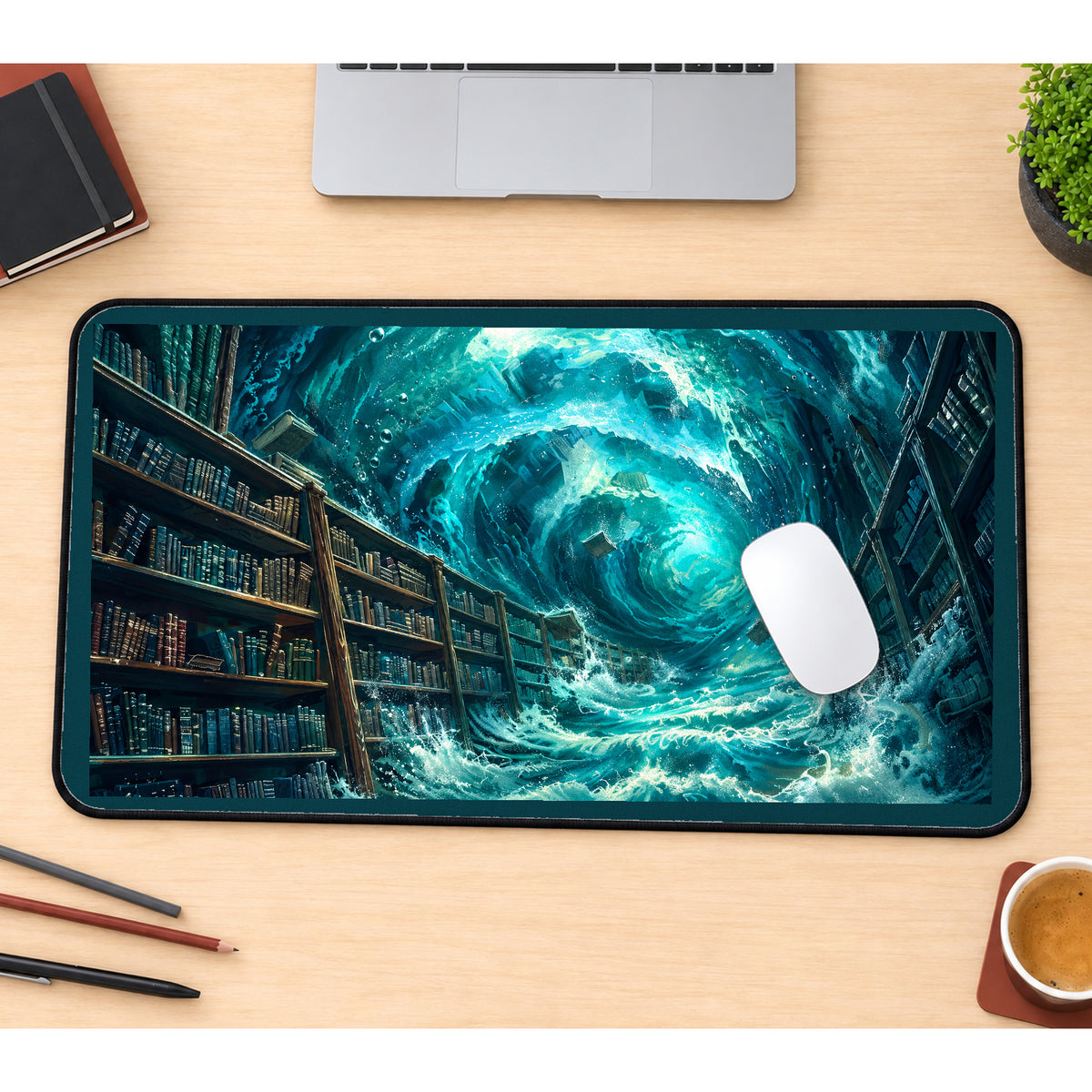 Ocean Vortex in a Library desk mat — product mockup 1
