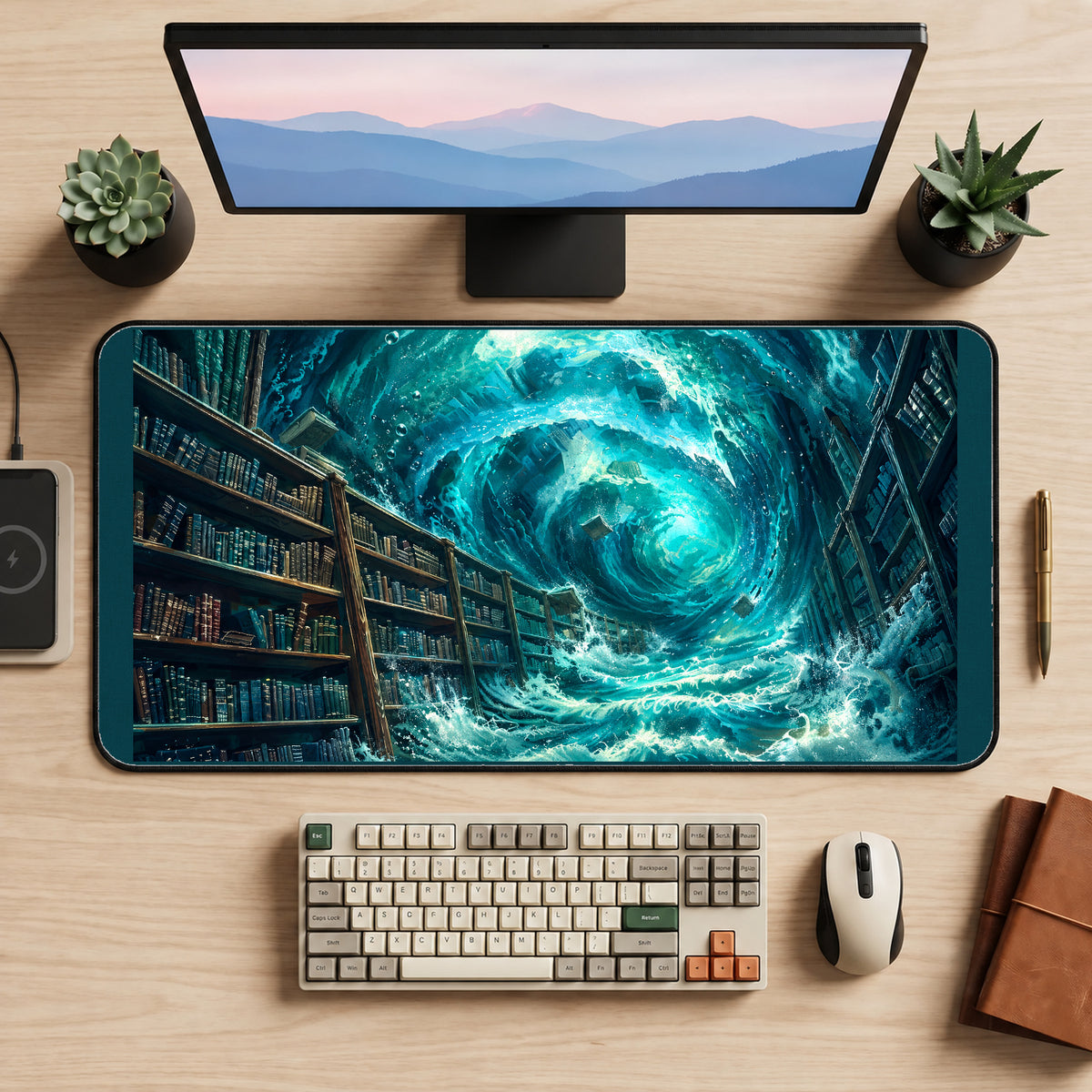 Ocean Vortex in a Library desk mat — product mockup 2
