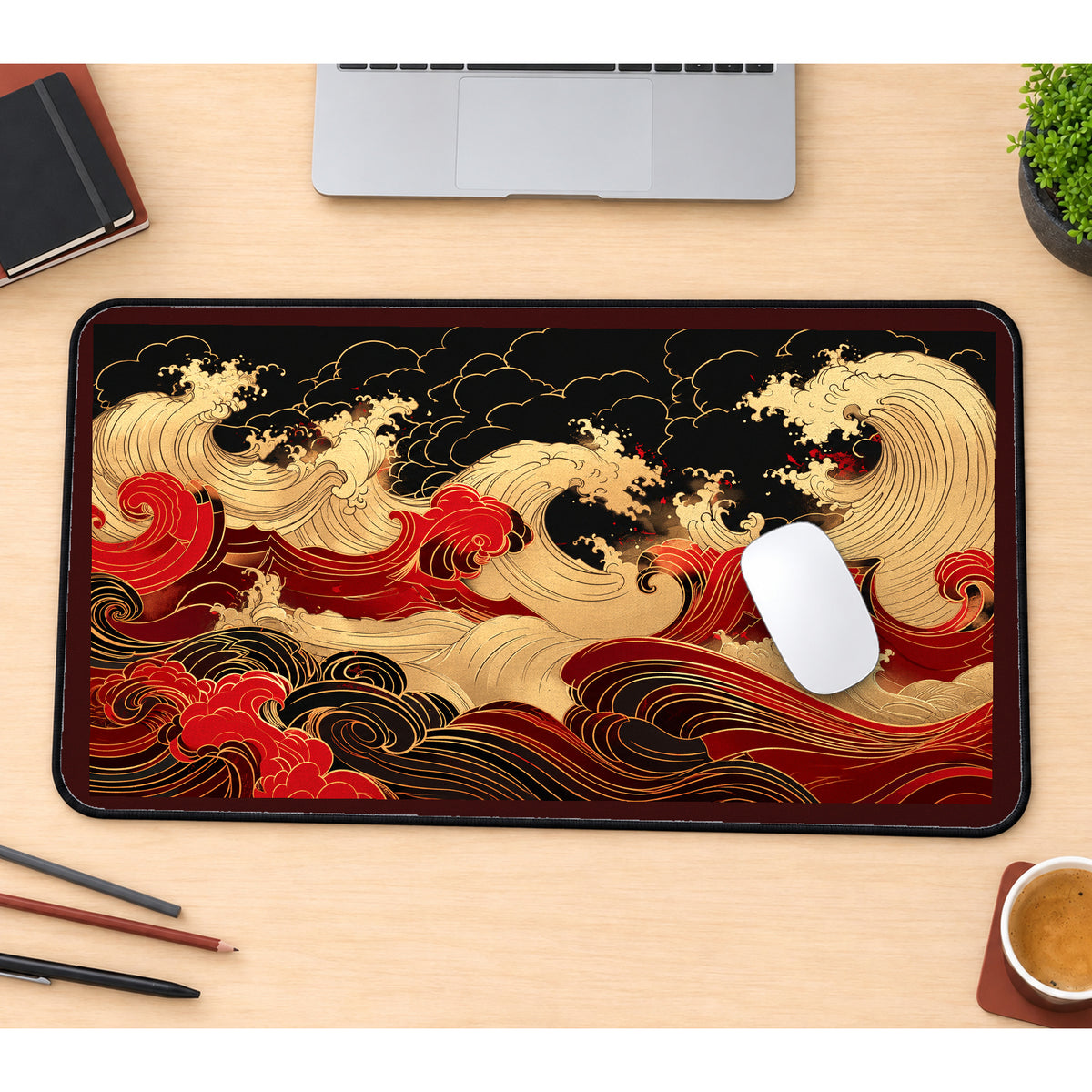 Crimson and Golden Ocean Waves desk mat — product mockup 1