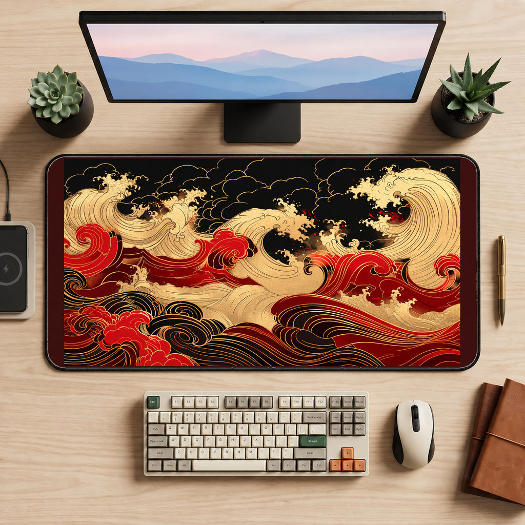Crimson and Golden Ocean Waves desk mat — product mockup 2