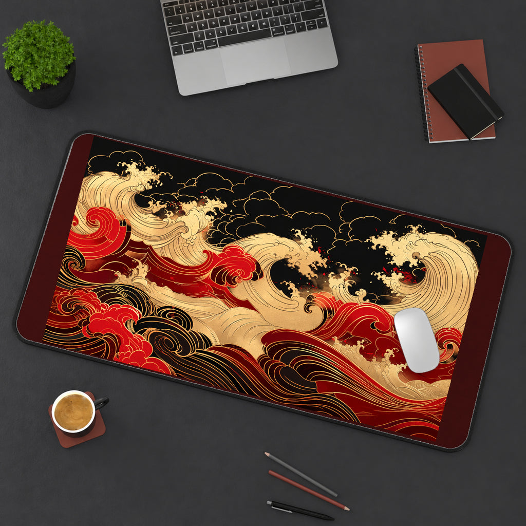 Crimson and Golden Ocean Waves desk mat — product mockup 3