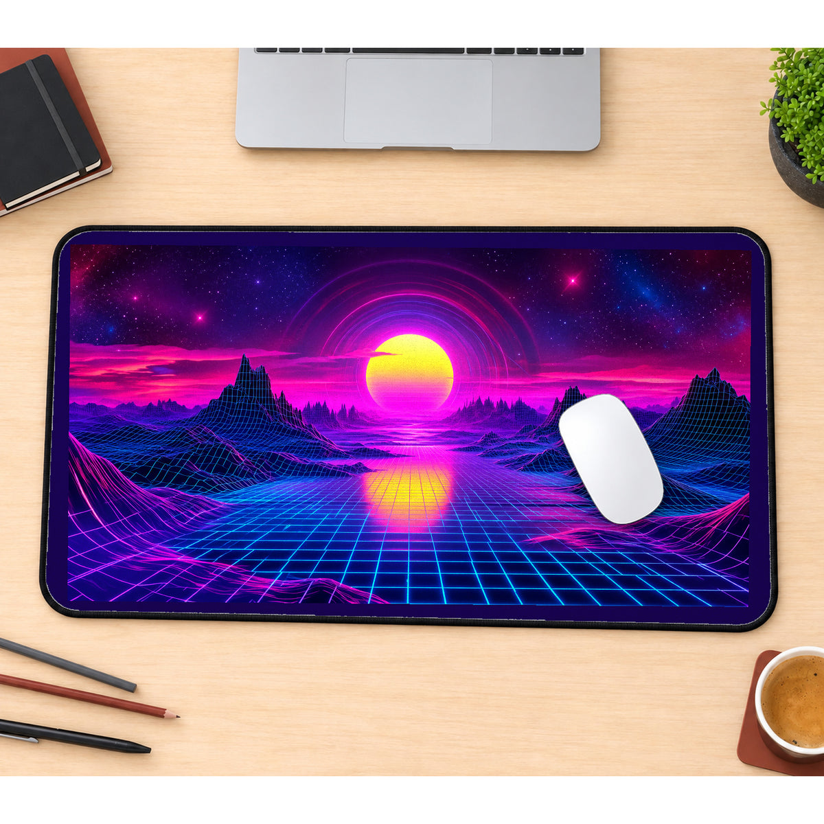 Neon Grid Sea and Sunset desk mat — product mockup 1
