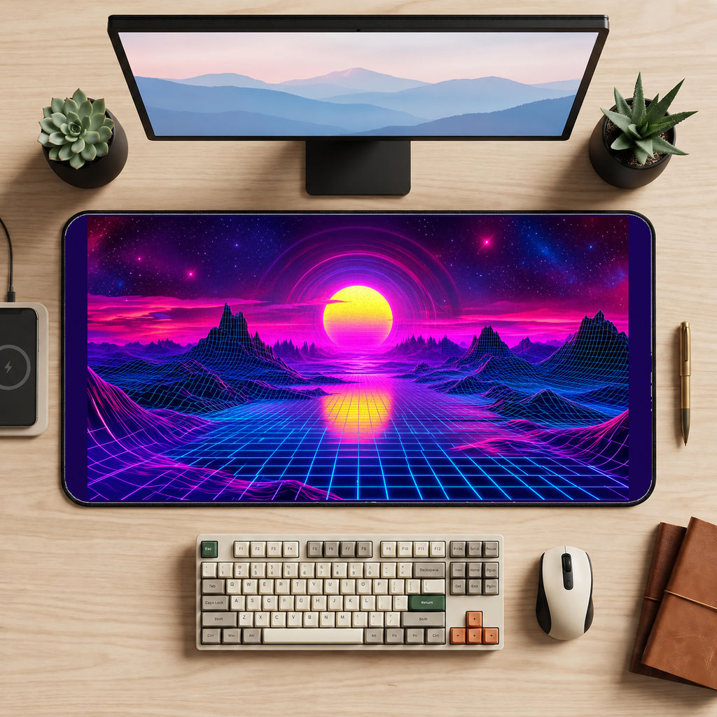 Neon Grid Sea and Sunset desk mat — product mockup 2