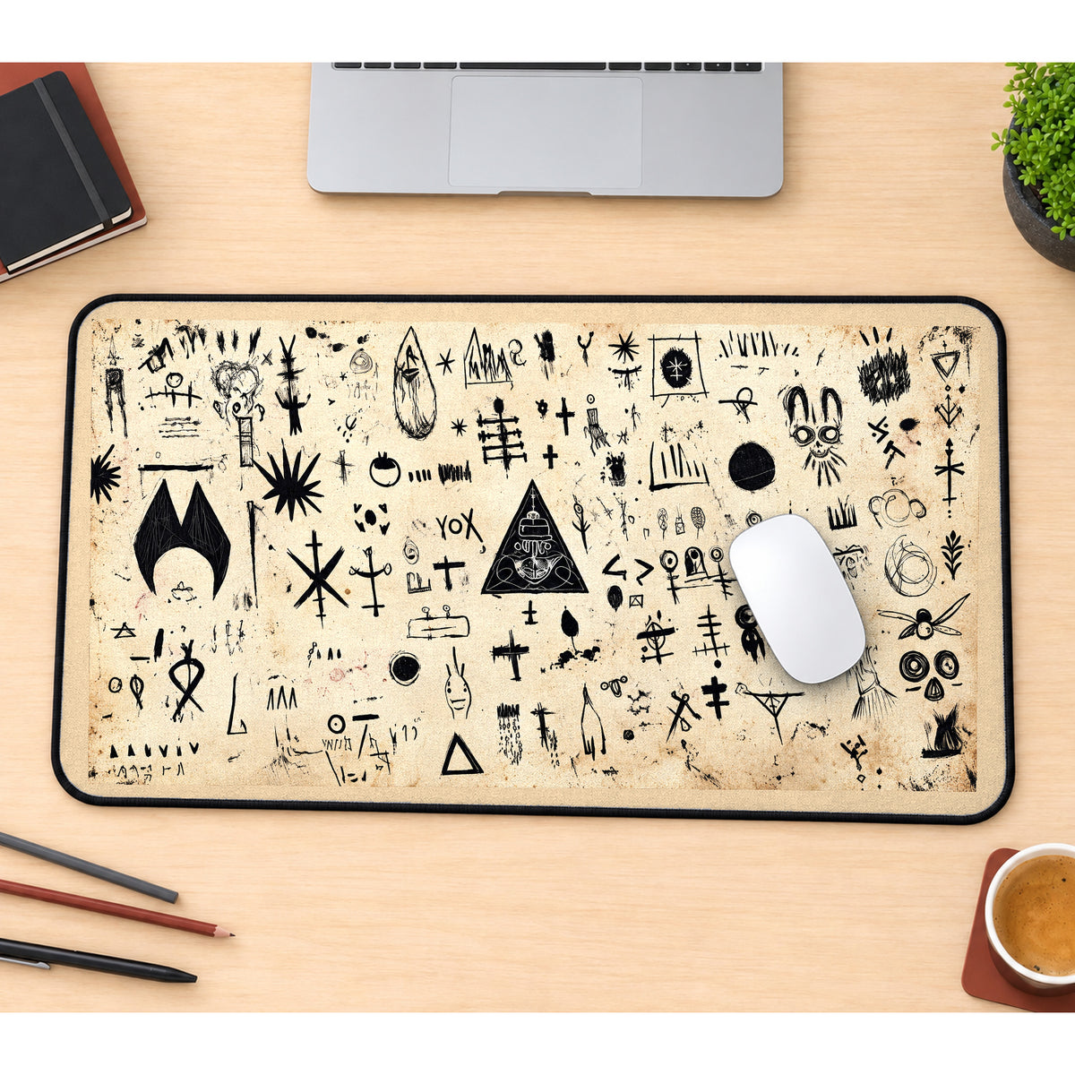 Black Mystical Symbol Collage desk mat — product mockup 1