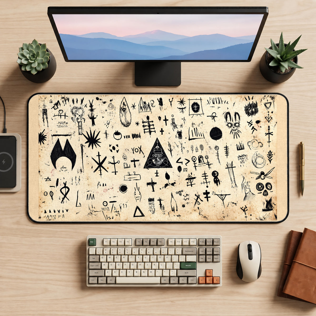 Black Mystical Symbol Collage desk mat — product mockup 2