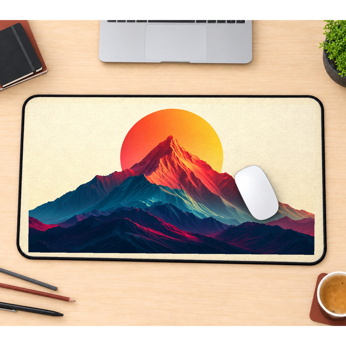 Mountain Peak before a Round Sun desk mat — product mockup 1