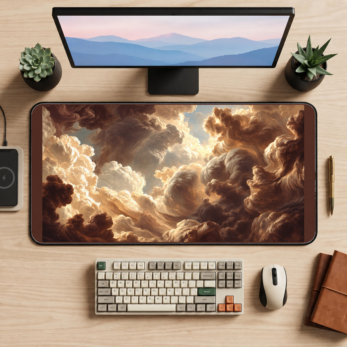 Golden Light through Storm Clouds desk mat — product mockup 2