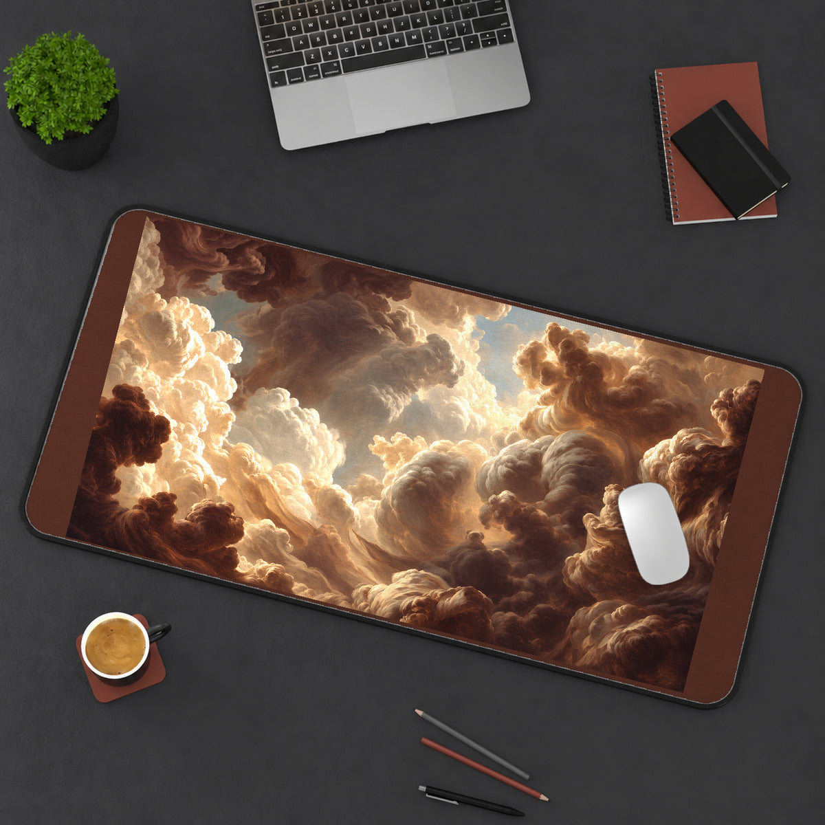 Golden Light through Storm Clouds desk mat — product mockup 3