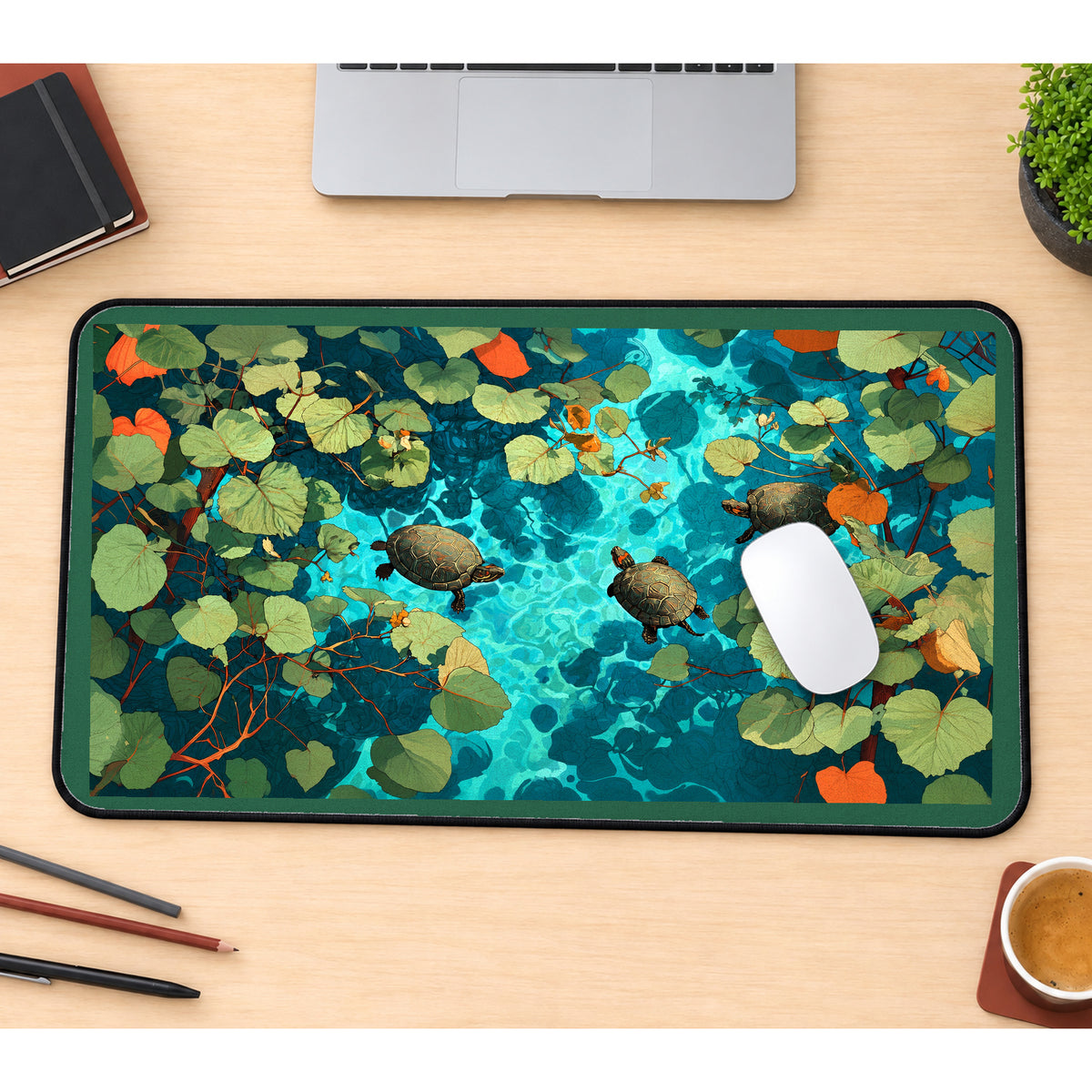 Turtles in Clear Blue Water desk mat — product mockup 1