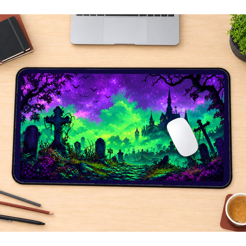Neon Graveyard and Distant Castle desk mat — product mockup 1
