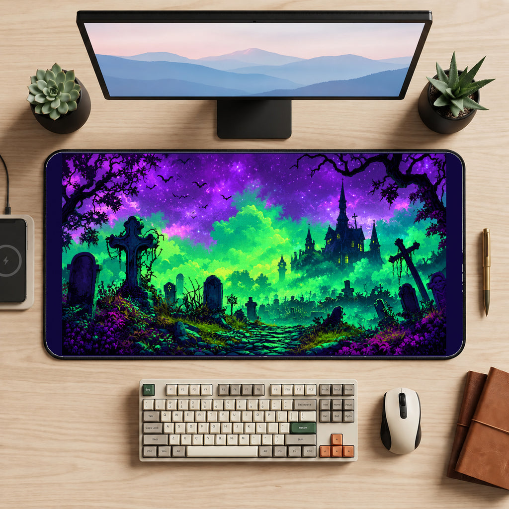 Neon Graveyard and Distant Castle desk mat — product mockup 2