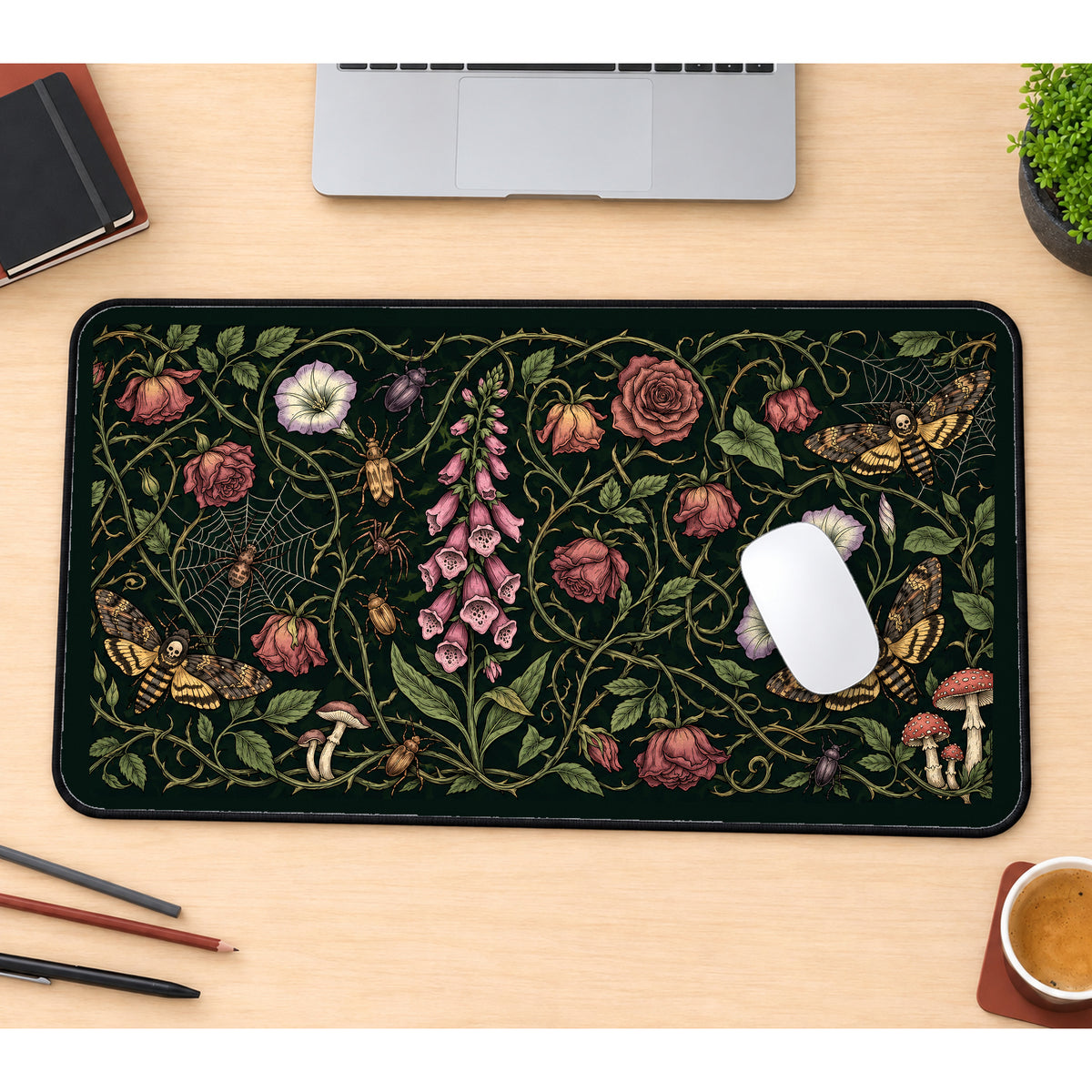 Moths among Dark Garden Flowers desk mat — product mockup 1