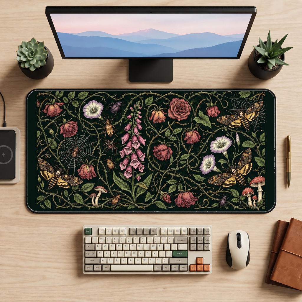 Moths among Dark Garden Flowers desk mat — product mockup 2