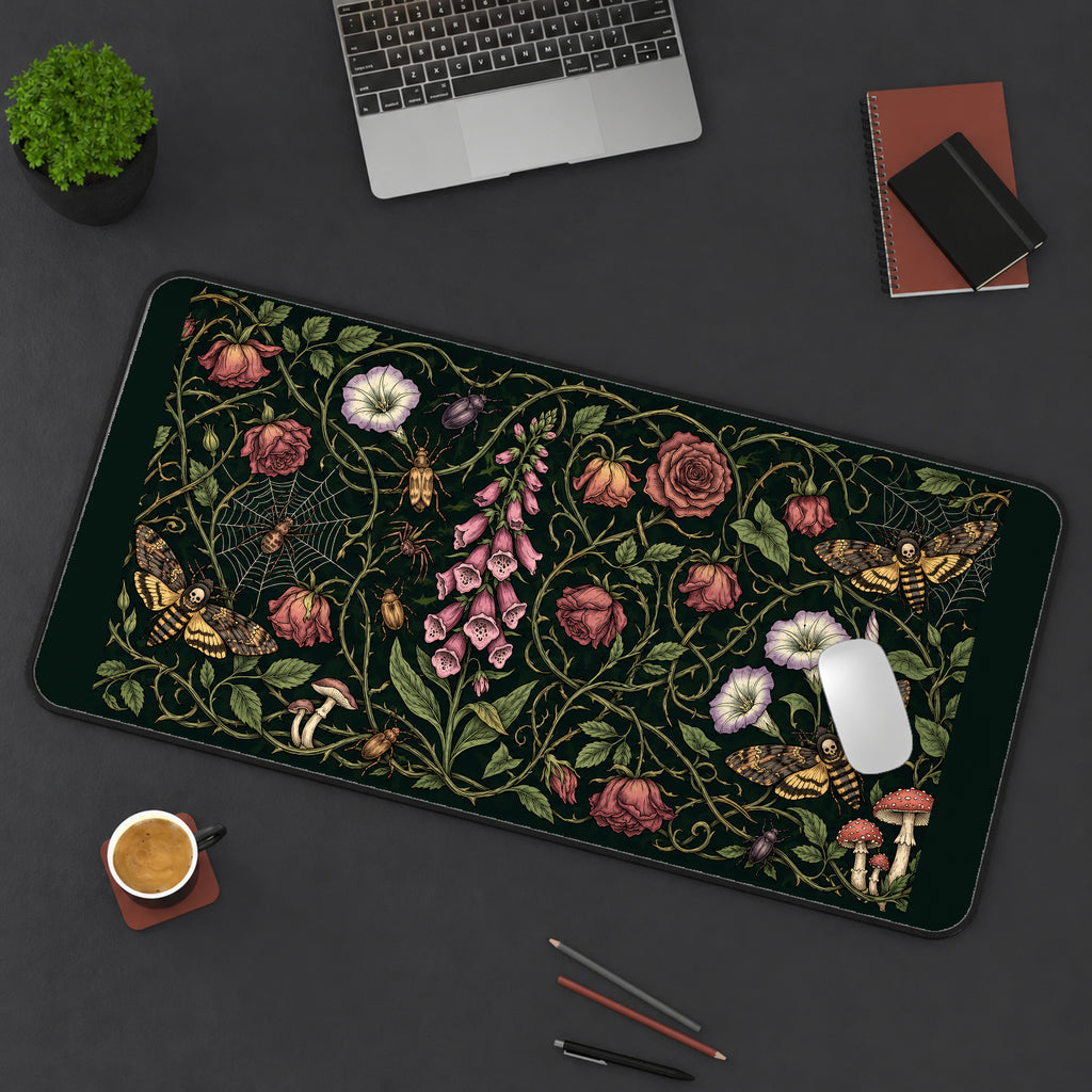 Moths among Dark Garden Flowers desk mat — product mockup 3