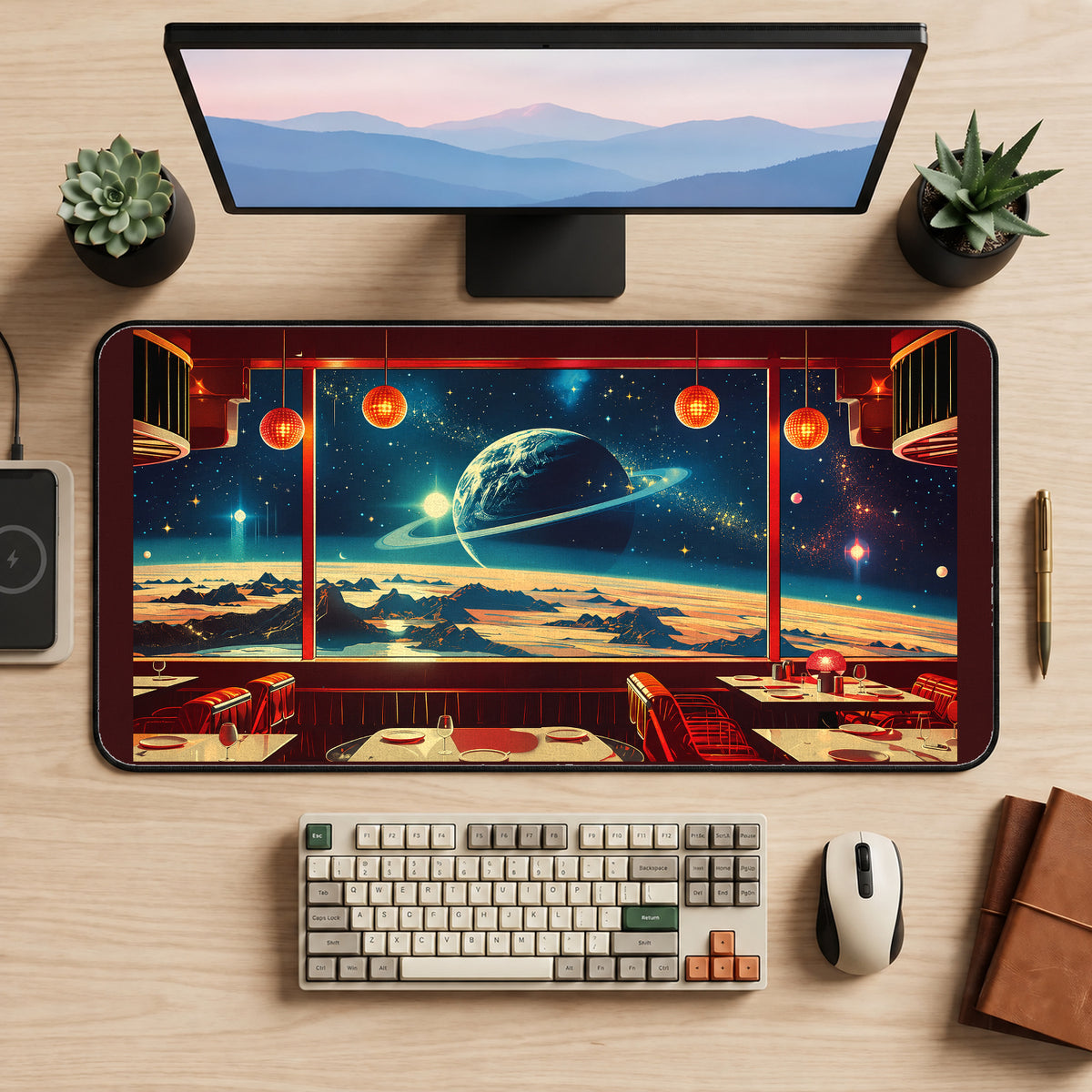 Retro Diner Looking into Space desk mat — product mockup 2