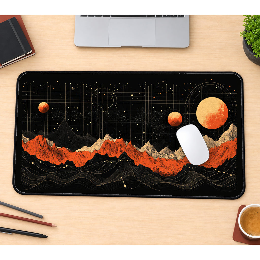 Planets above Contour Mountains desk mat — product mockup 1