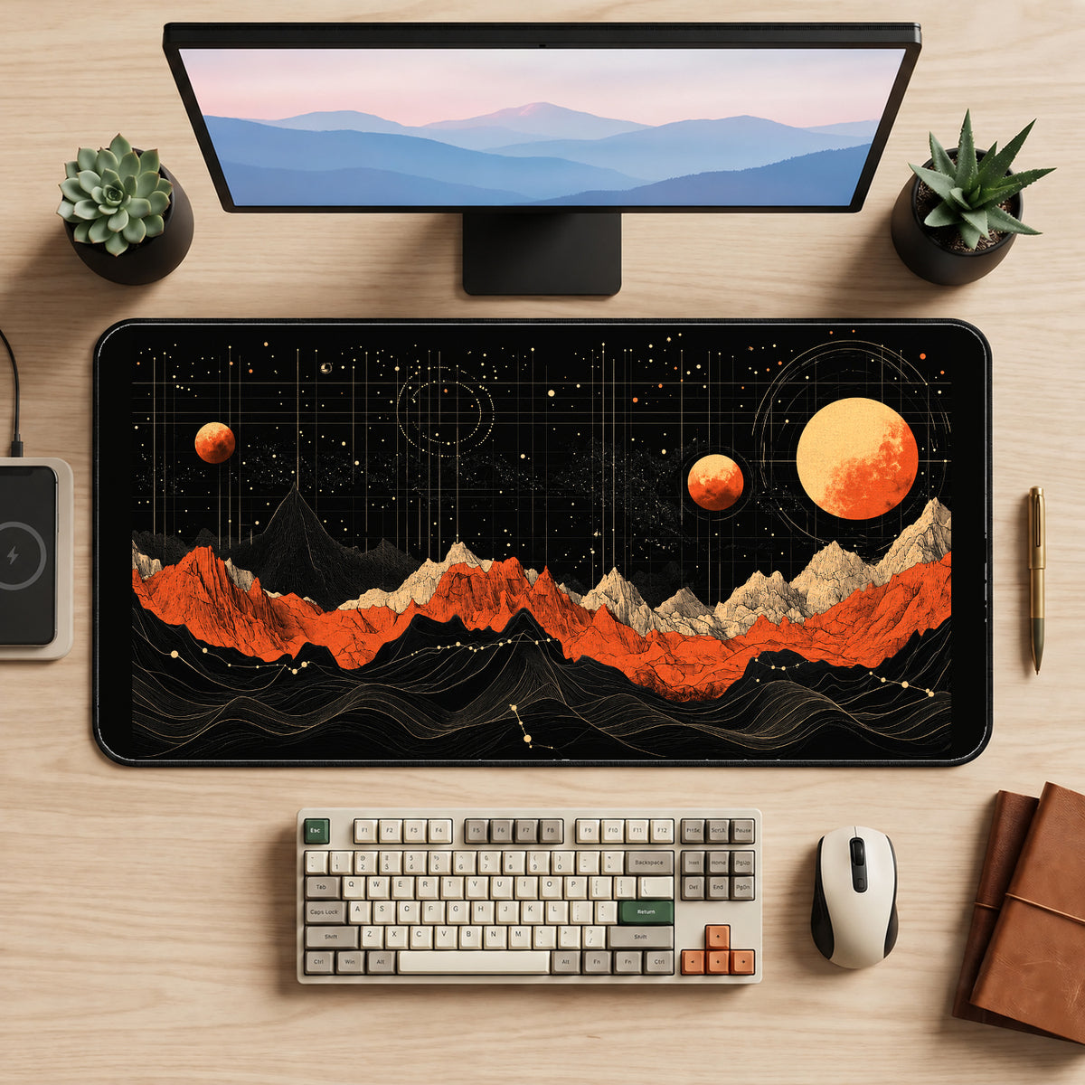 Planets above Contour Mountains desk mat — product mockup 2