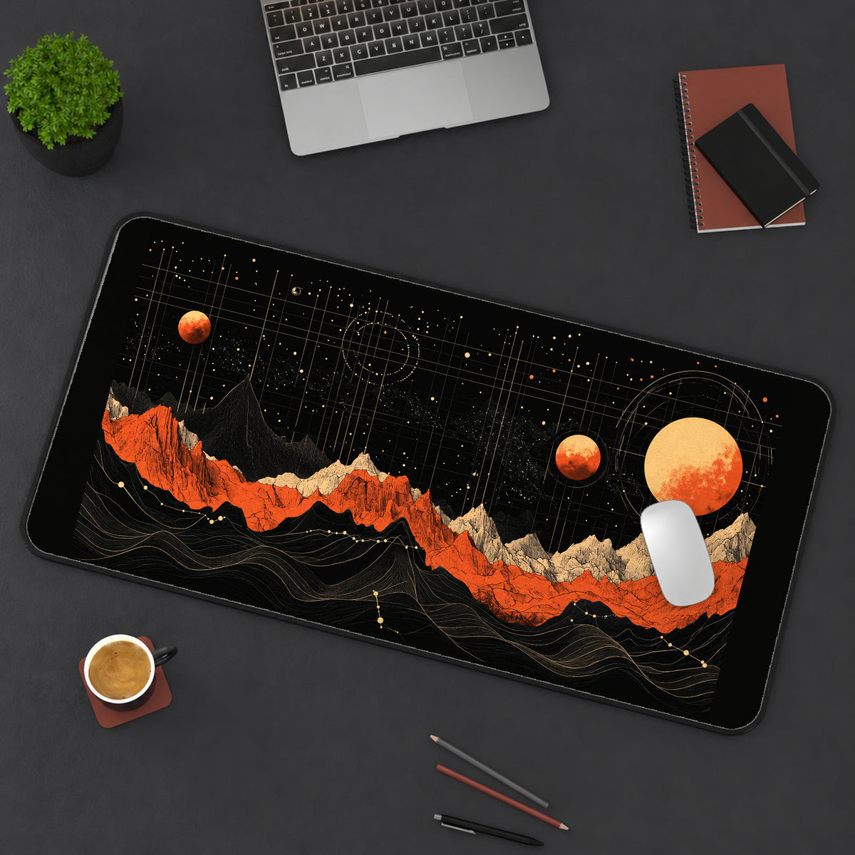 Planets above Contour Mountains desk mat — product mockup 3