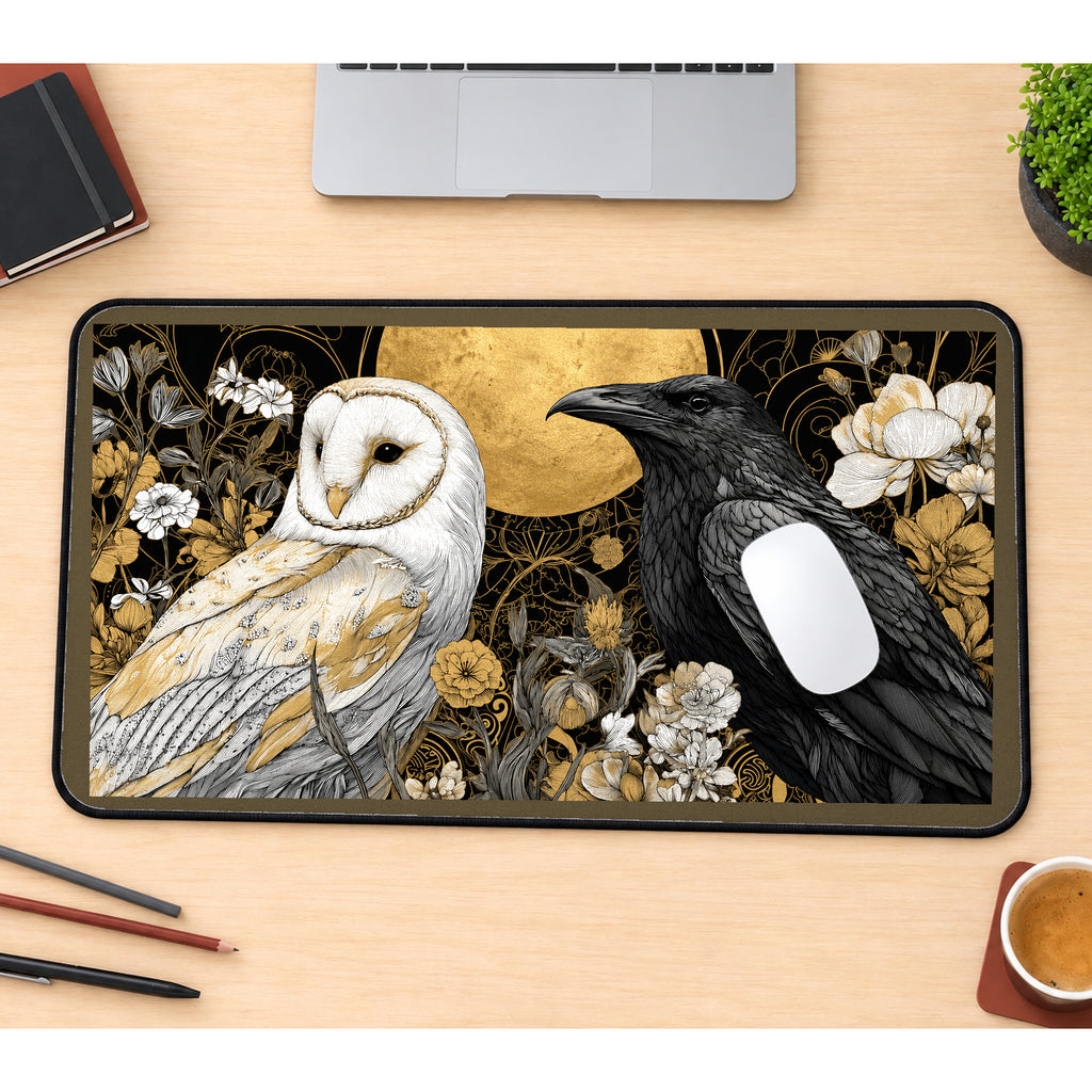 White Owl and Black Raven desk mat — product mockup 1