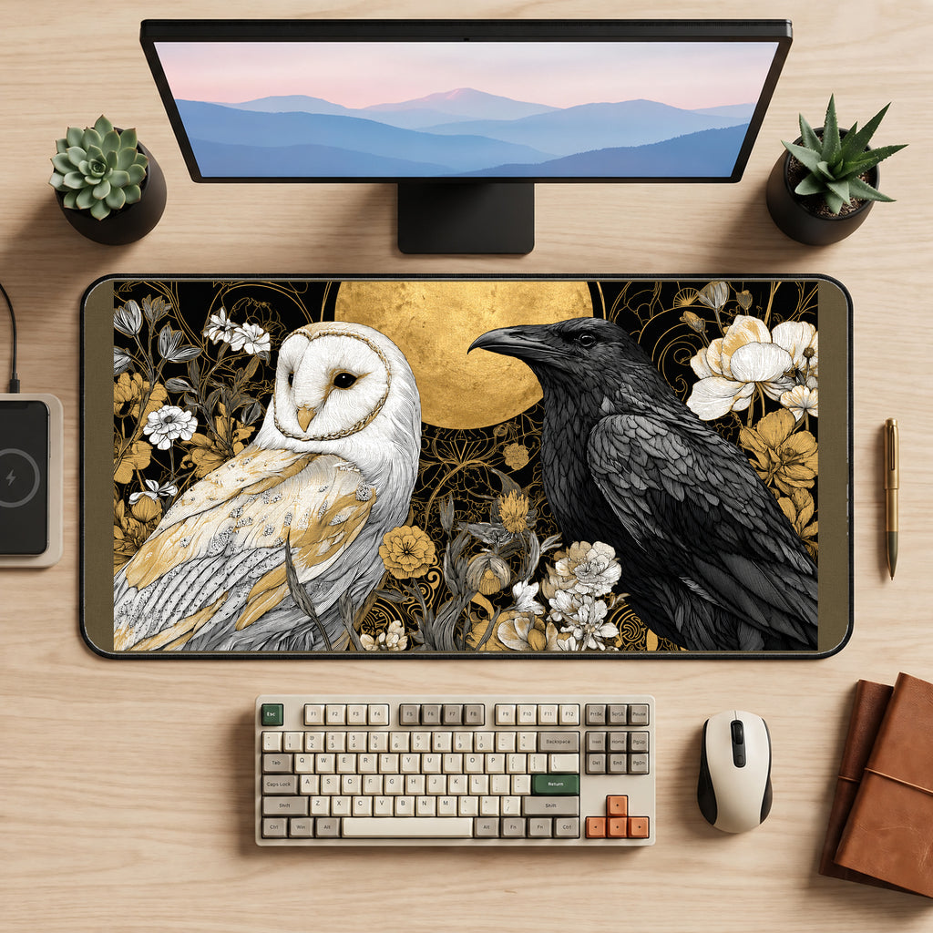 White Owl and Black Raven desk mat — product mockup 2