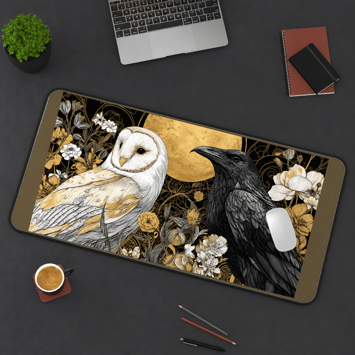 White Owl and Black Raven desk mat — product mockup 3