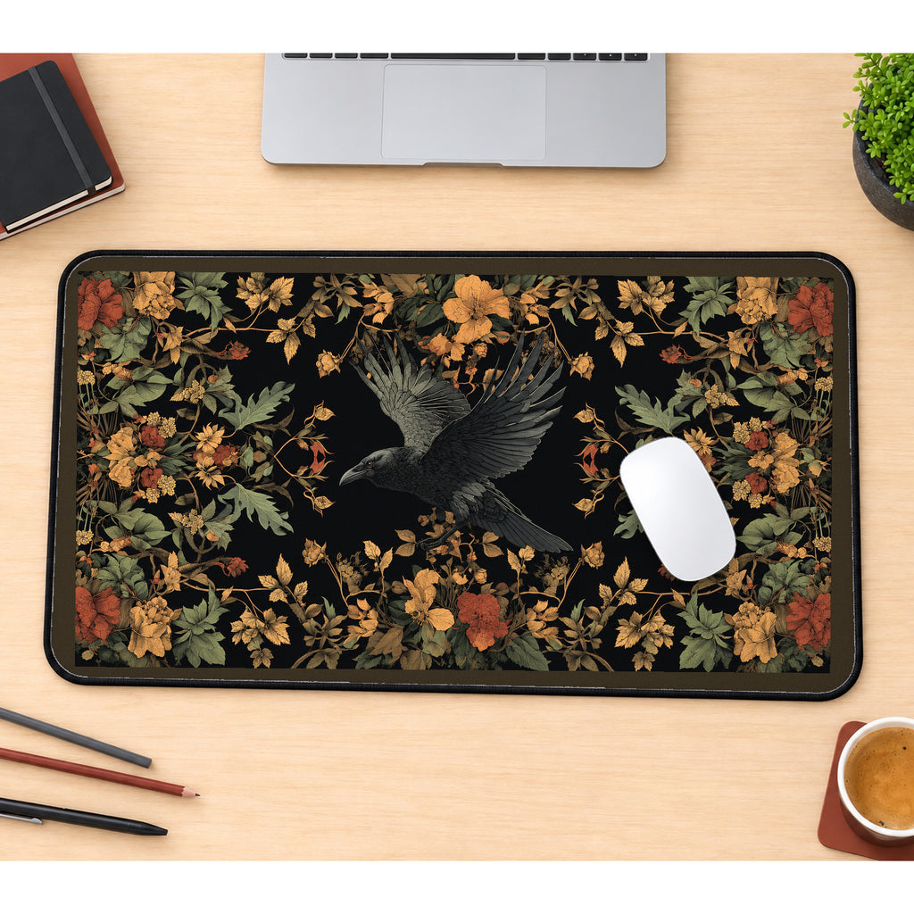 Flying Raven in Autumn Flowers desk mat — product mockup 1
