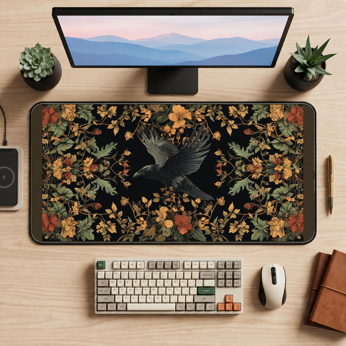 Flying Raven in Autumn Flowers desk mat — product mockup 2