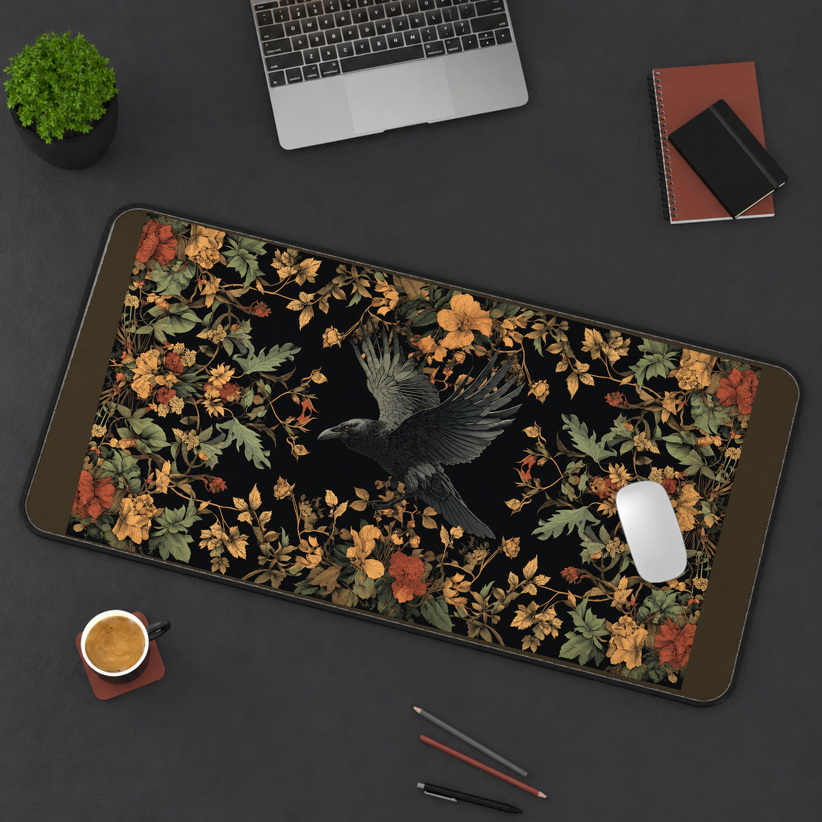 Flying Raven in Autumn Flowers desk mat — product mockup 3
